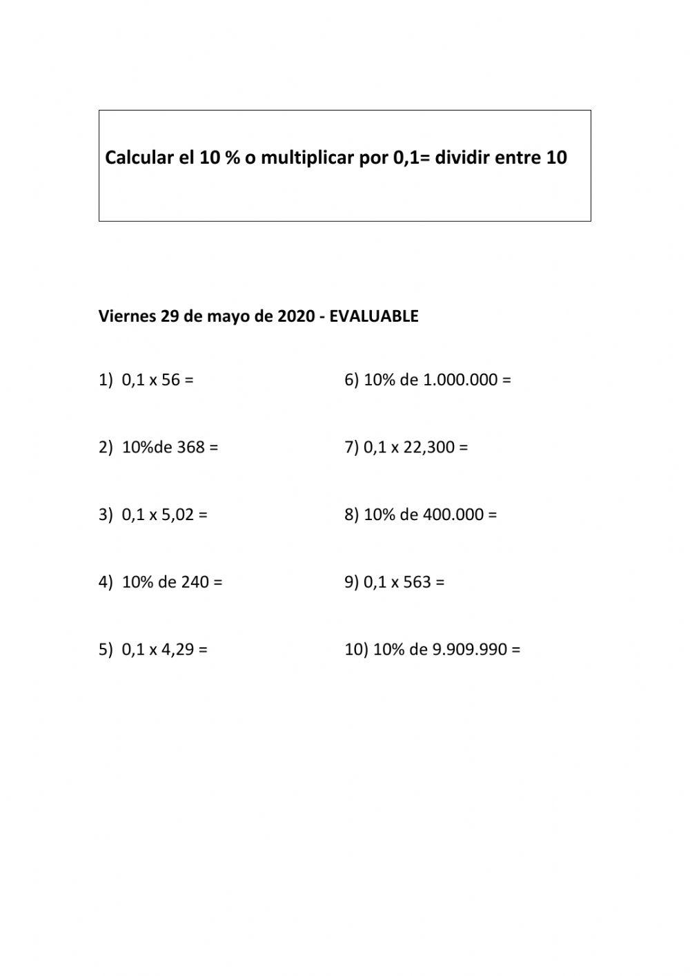 Cálculo mental: 10- - o multiplicar por 0,1