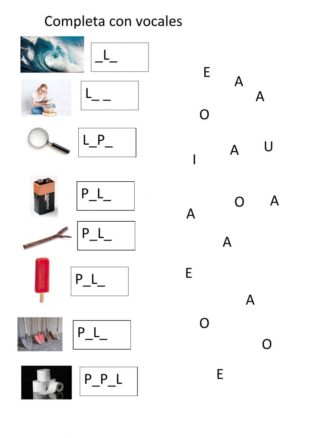 Completa con vocales palabras p y l