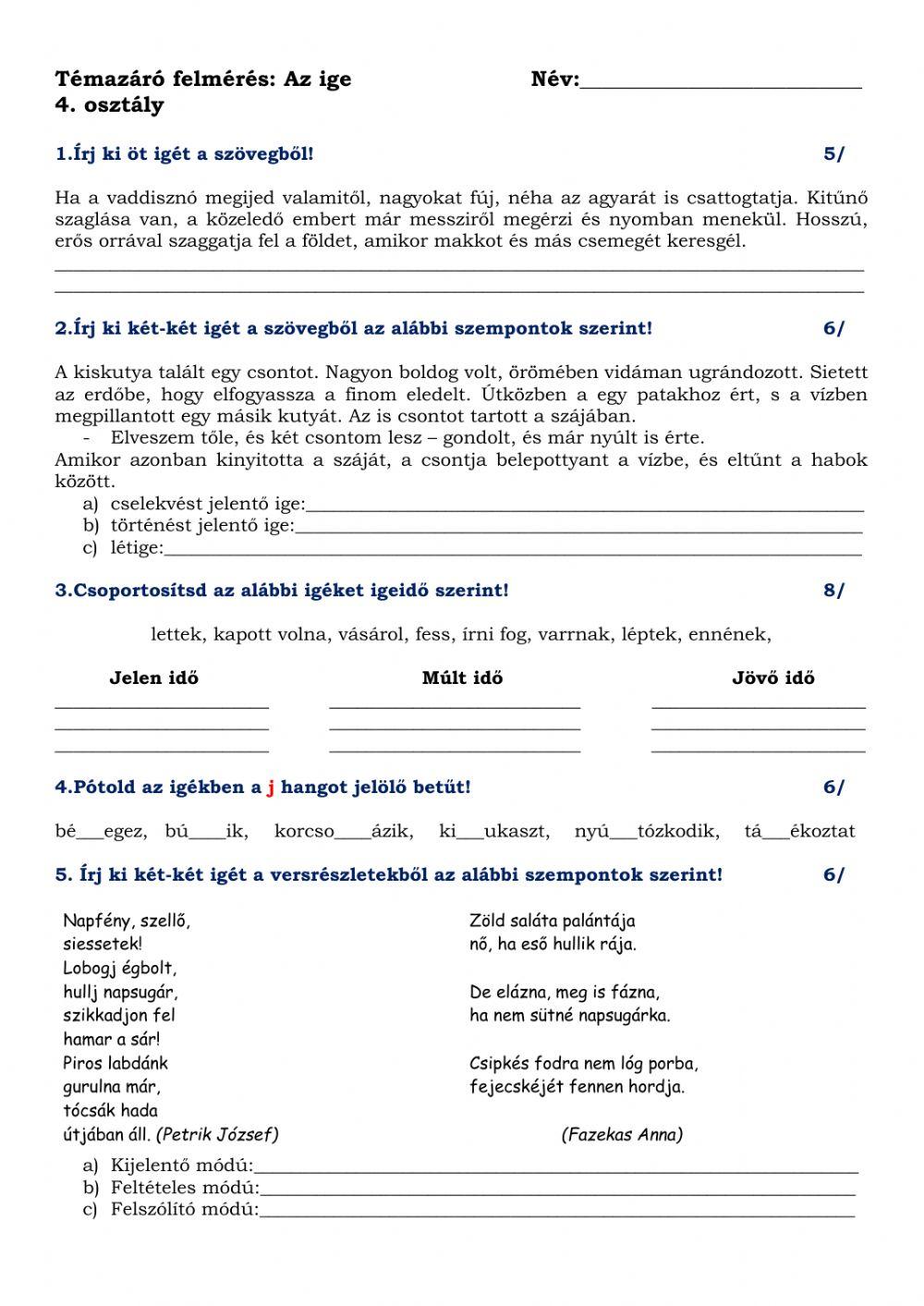 Témazáró ige 4. osztály