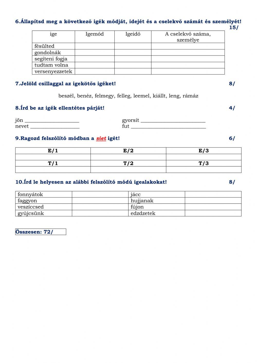 Témazáró ige 4. osztály
