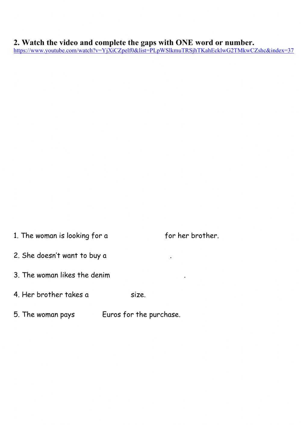 Shopping for clothes. Video worksheet.