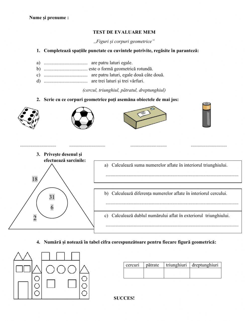 Test de evaluare mem- Figuri si corpuri geometrice
