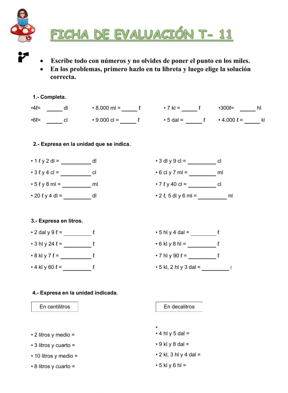 Ficha de evaluación de matemáticas T-11