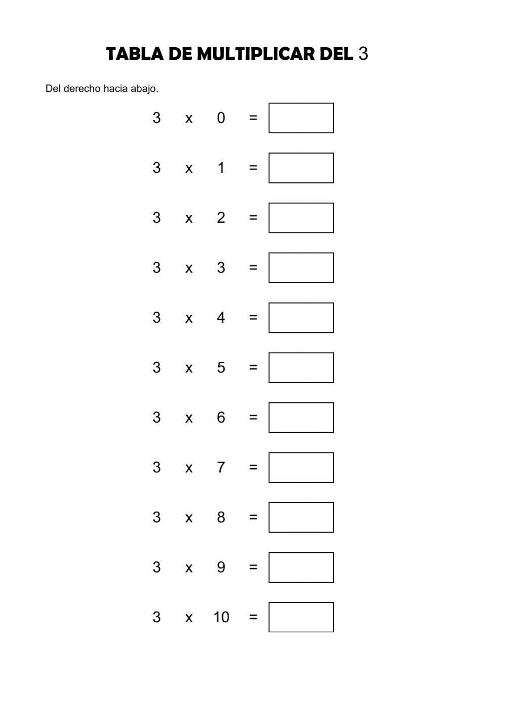 Tabla del 3 del derecho hacia abajo