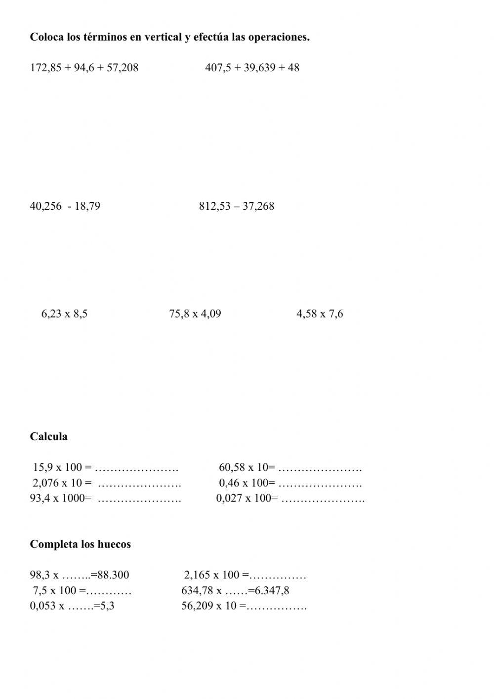 Operaciones números decimales