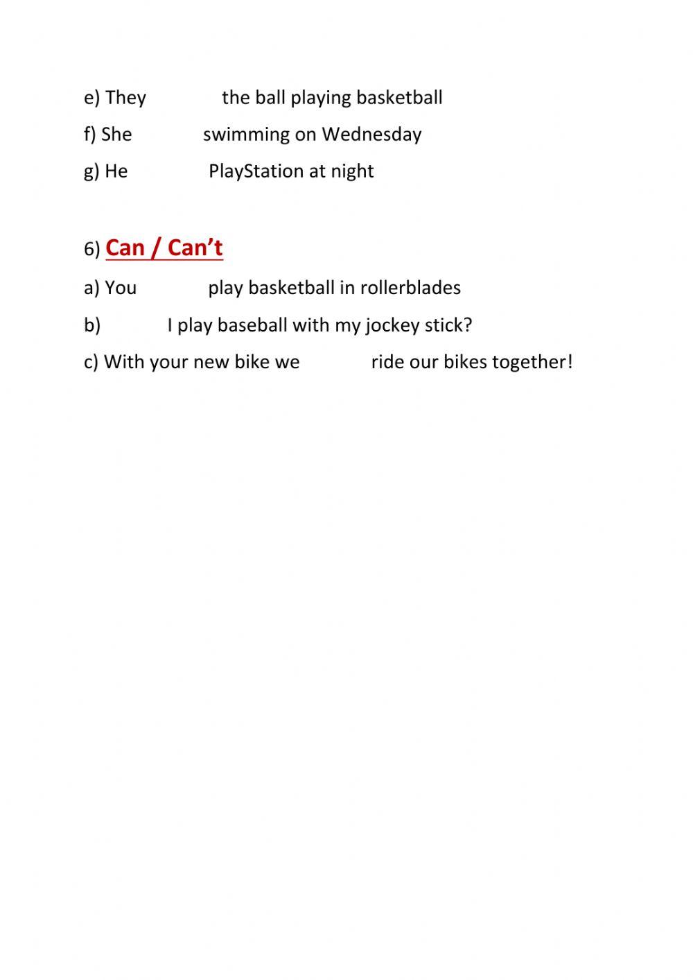 Uses of Present Simple - Can- Can't - Verbs used in sports