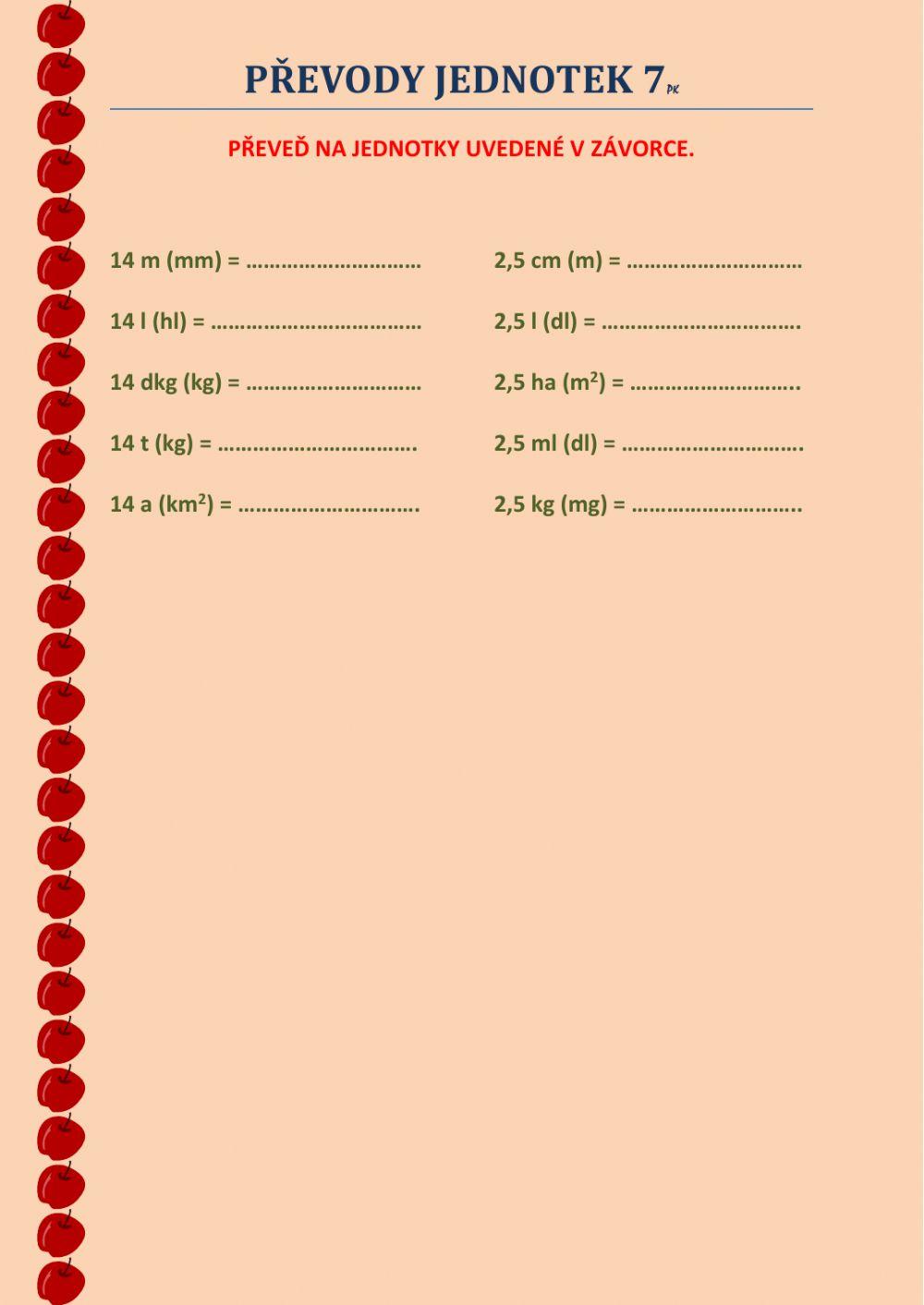 Převody jednotek 7 worksheet | Live Worksheets