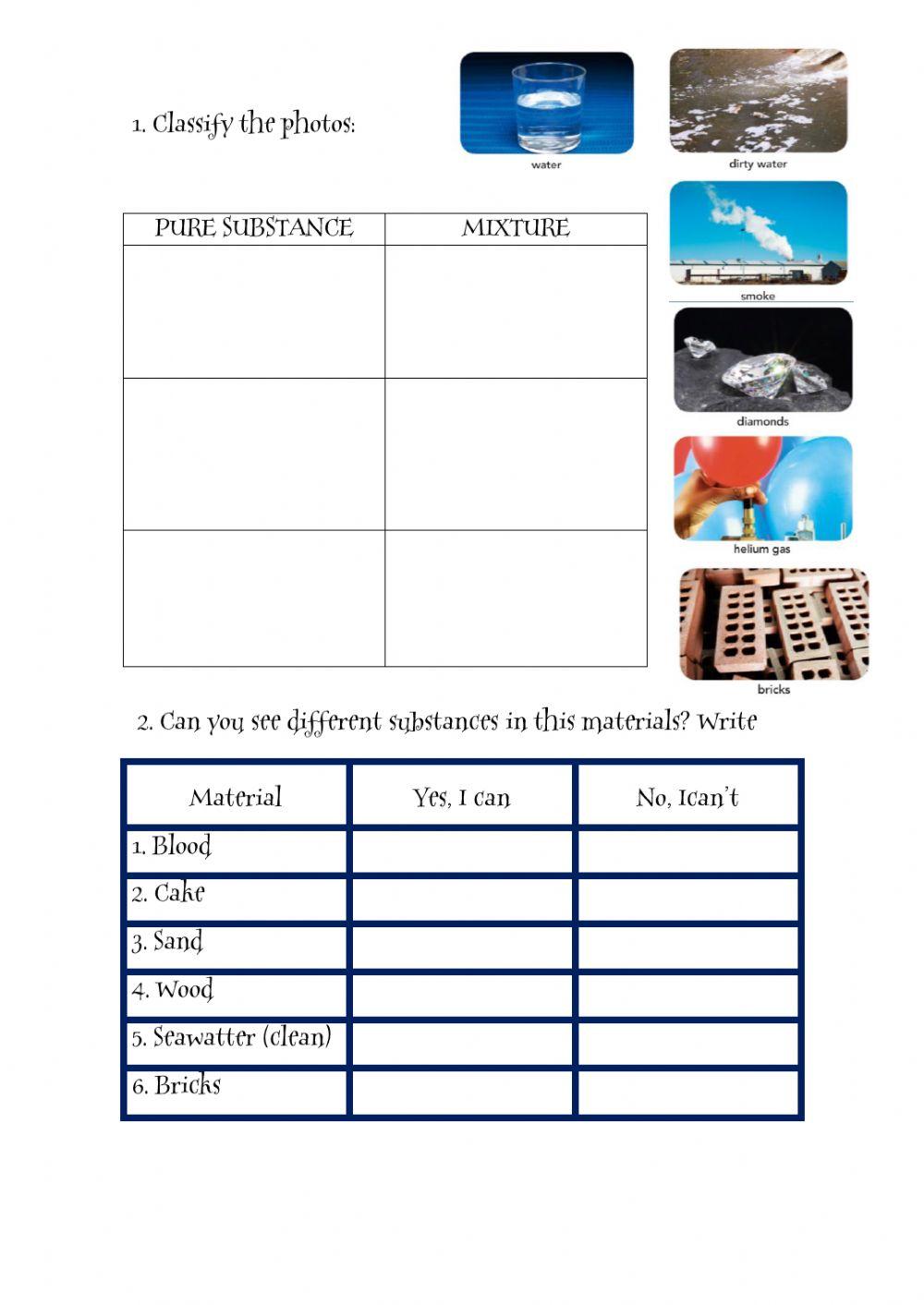 Ejercicios sobre sustancia pura y mixta