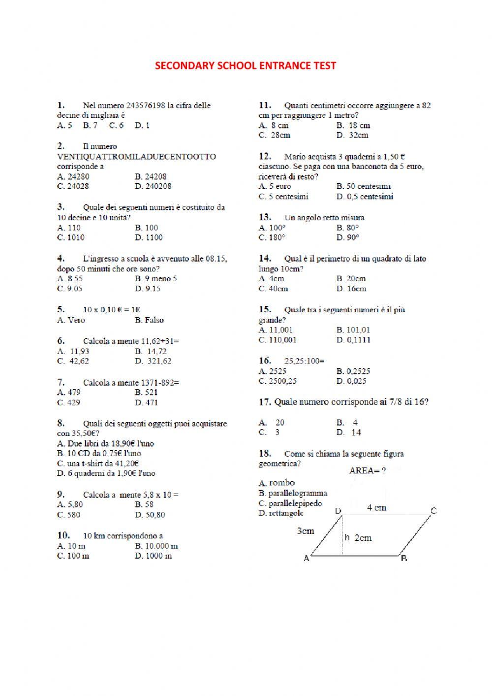 Entrance test Secondary School