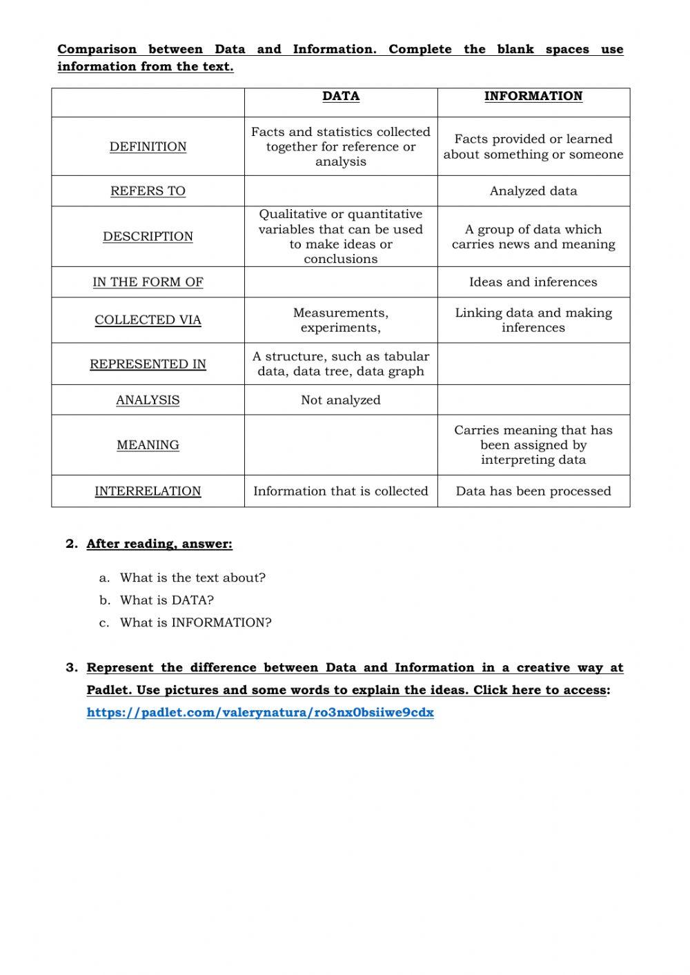 Data vs. Inform… | Free Interactive Worksheets | 5719150