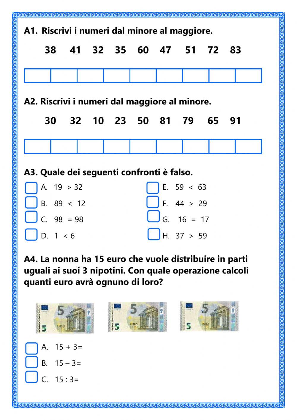 Verifica matematica classe seconda