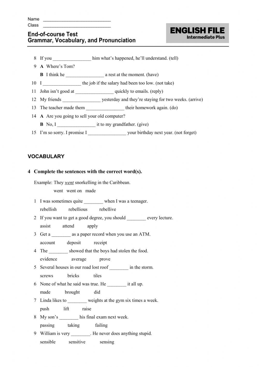 English File Intermediate Plus End-of-year Test