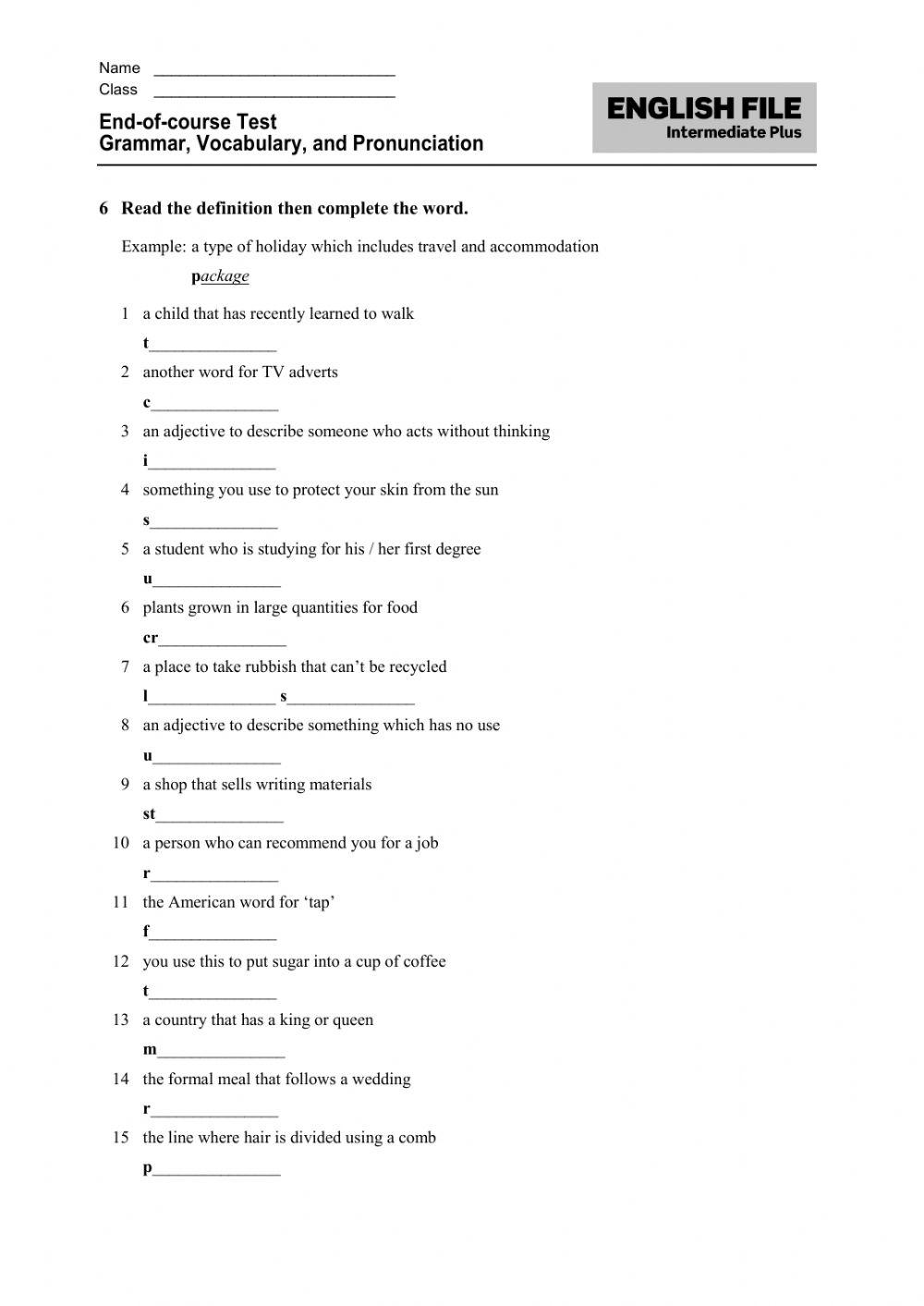 English File Intermediate Plus End-of-year Test