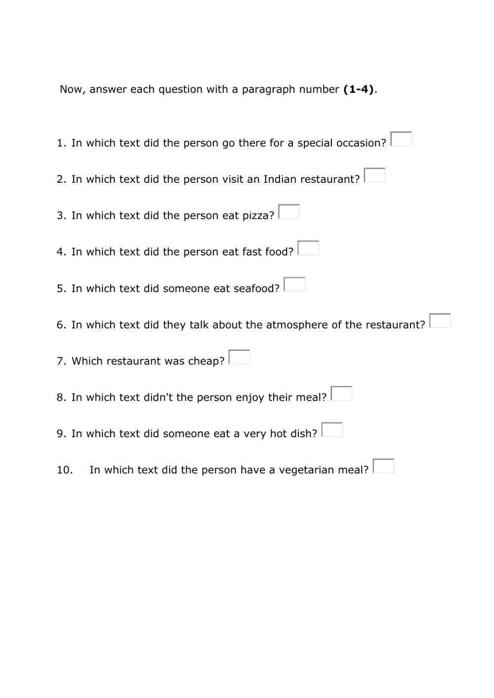ESOL Entry 3 Reading Comp - 4 restaurants