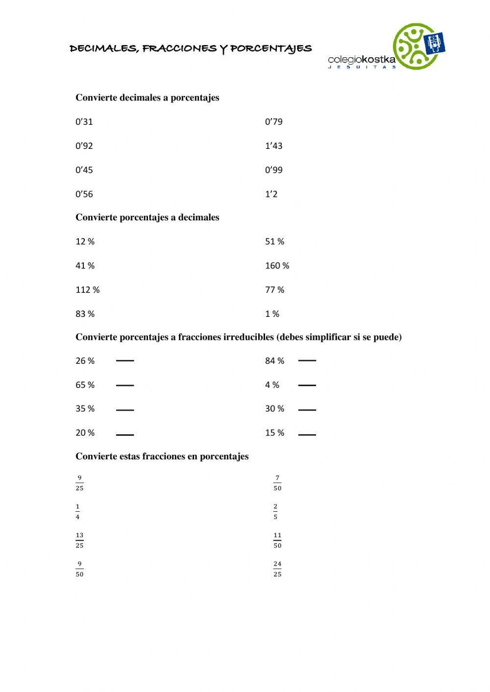 Decimales, fracciones y porcentajes