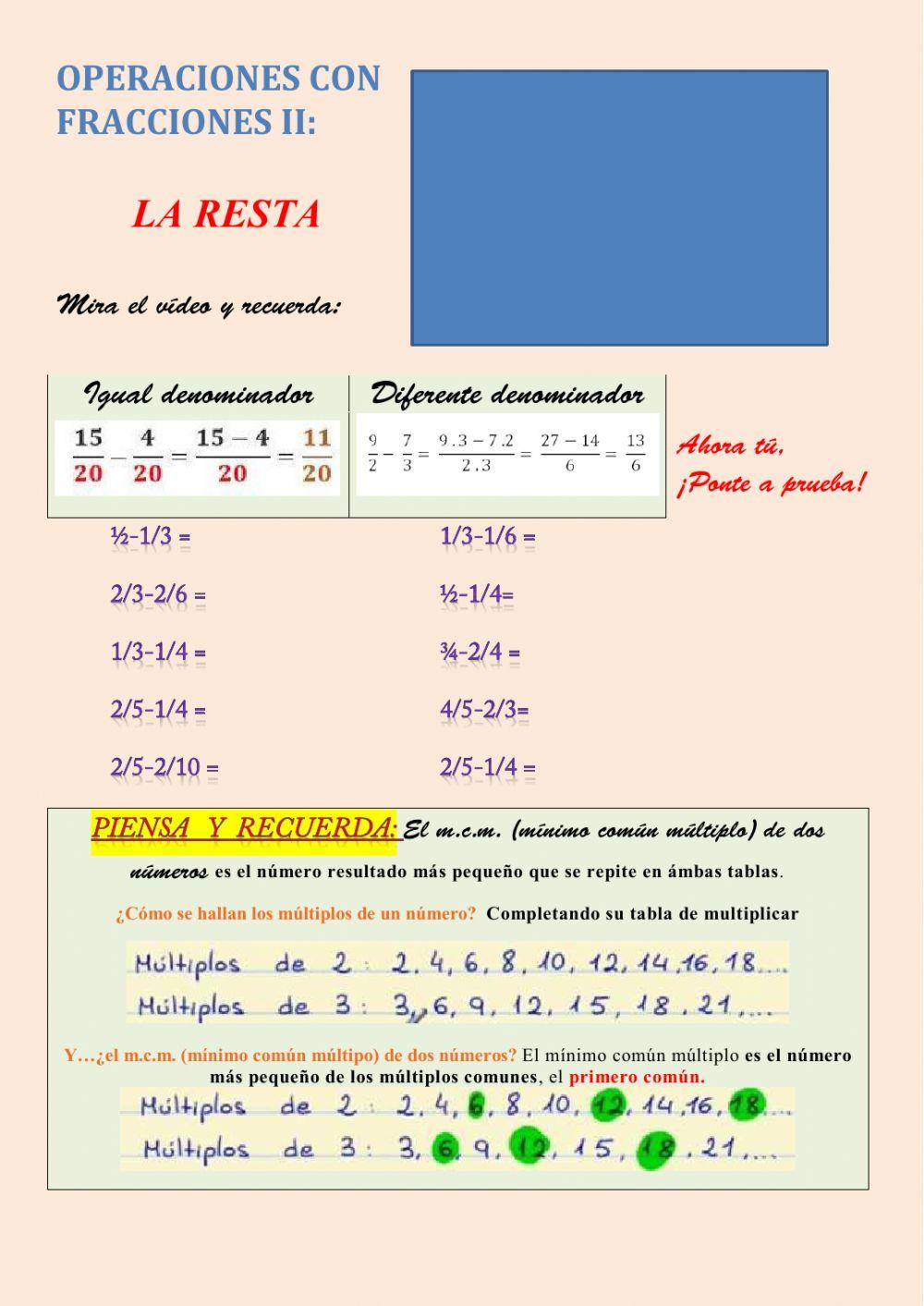 Operaciones con fracciones II: la resta
