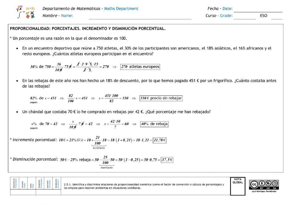 Proporcionalidad. Porcentajes. Descuentos e incrementos