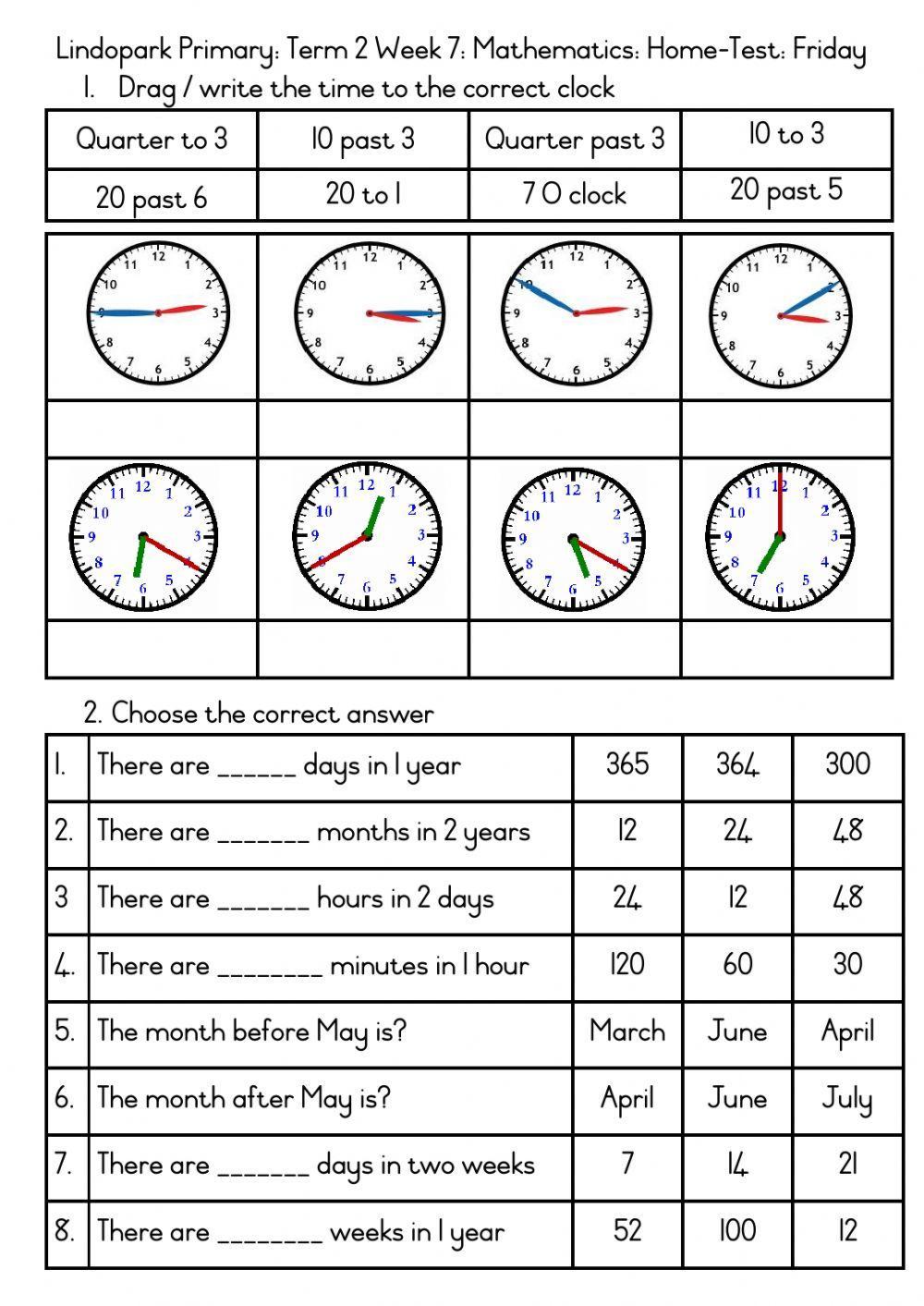 Grade 3 Term 2 Week 7 Mathmatics: Time Home-test: Friday
