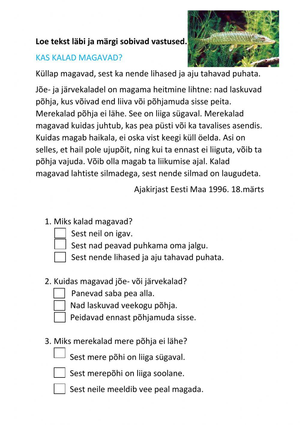 Lugemisülesanne- Kas kalad magavad