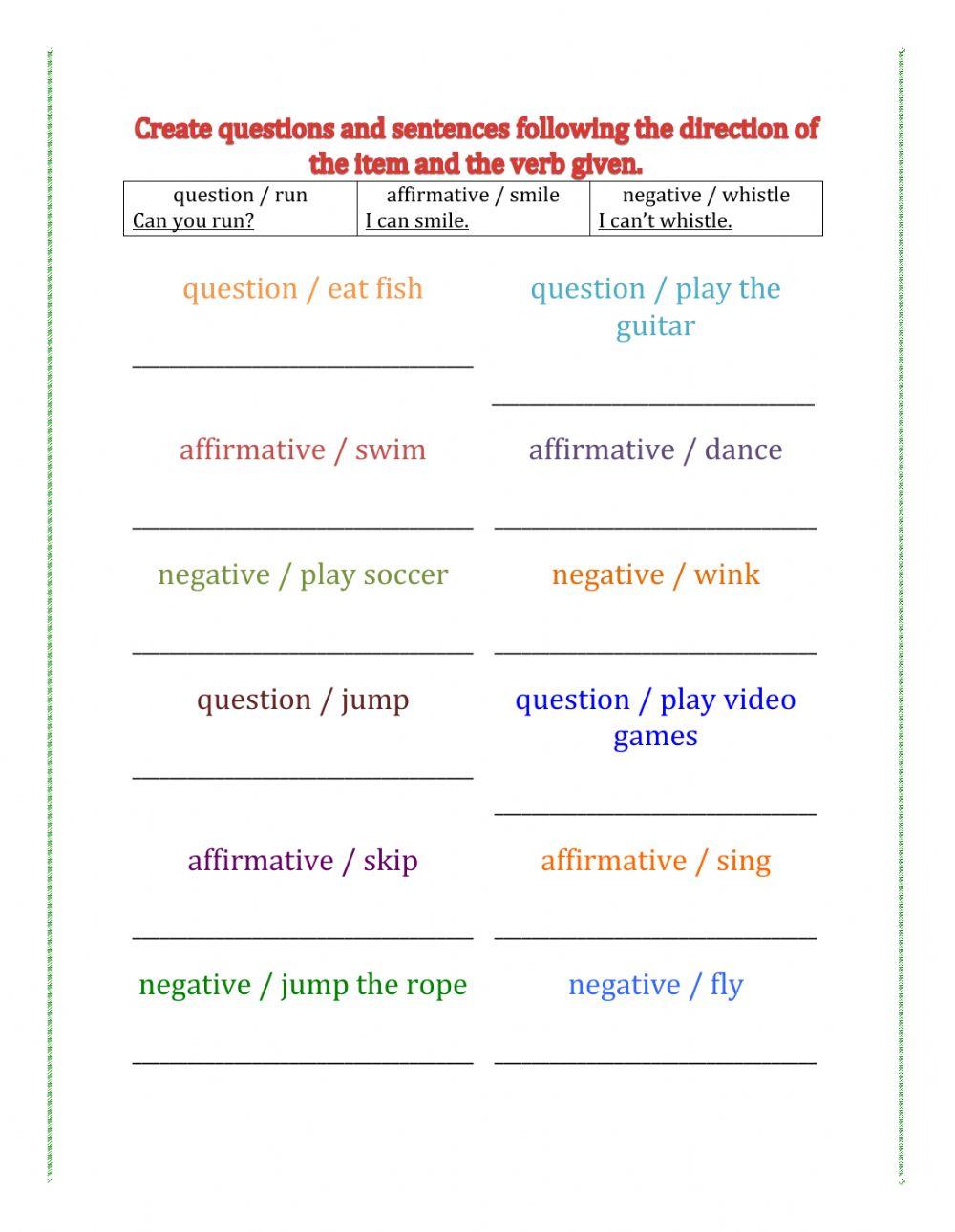Abilities & Inabilities: sentences and questions