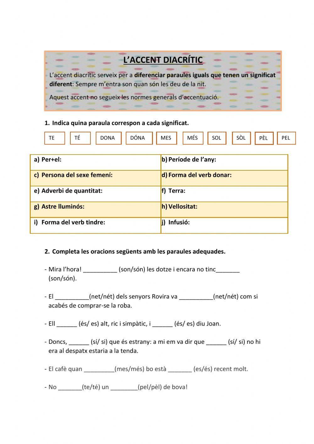 Fitxa 1 - l'accent diacrític i paraules simples i compostes