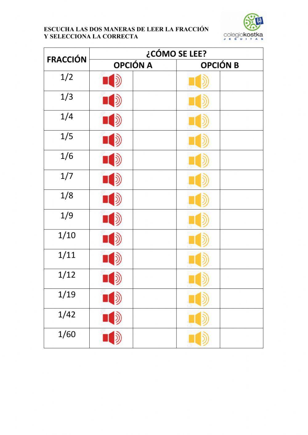 Leer fracciones. reconocimiento auditivo