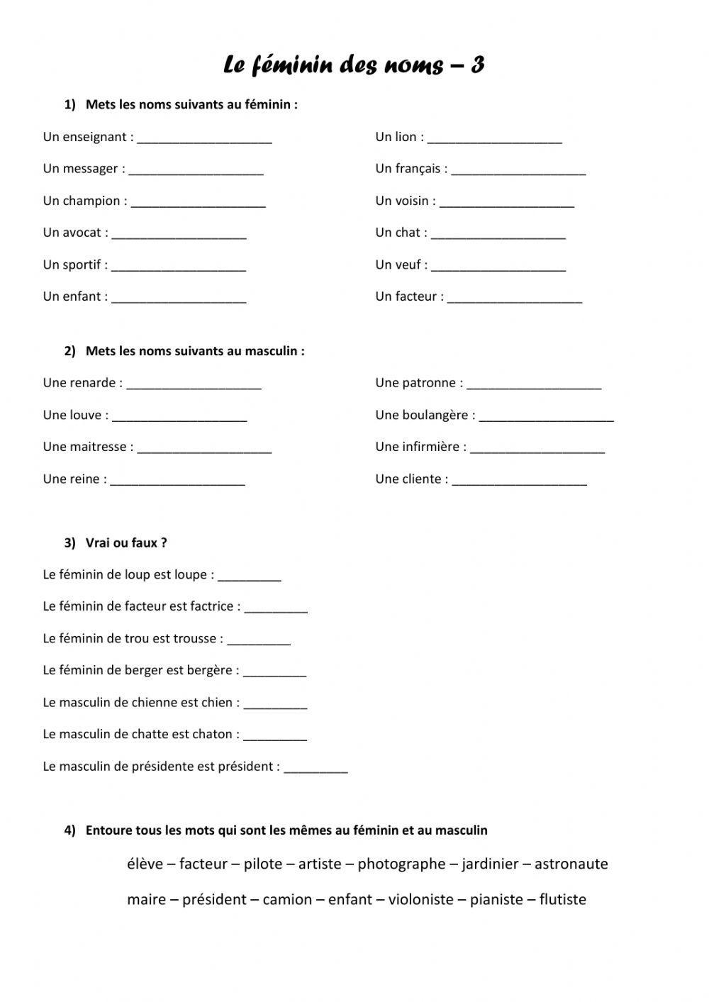 Le Féminin Des Noms Exercices Pdf Le féminin des noms 3 worksheet | Live Worksheets