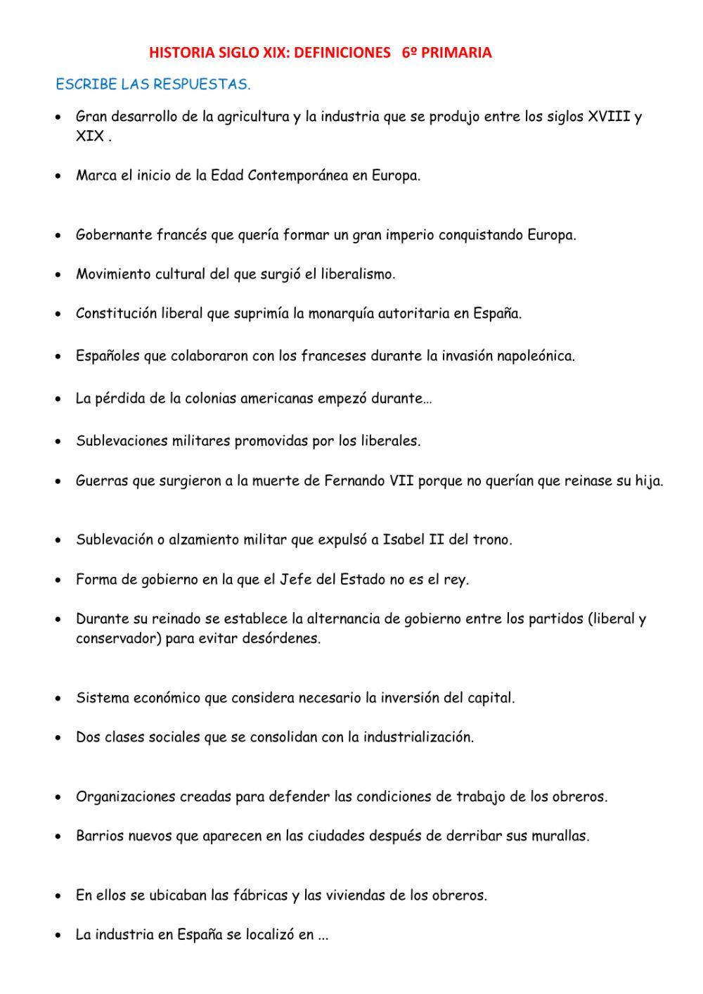 DEFINICIONES HISTORIA SIGLO XIX 6º