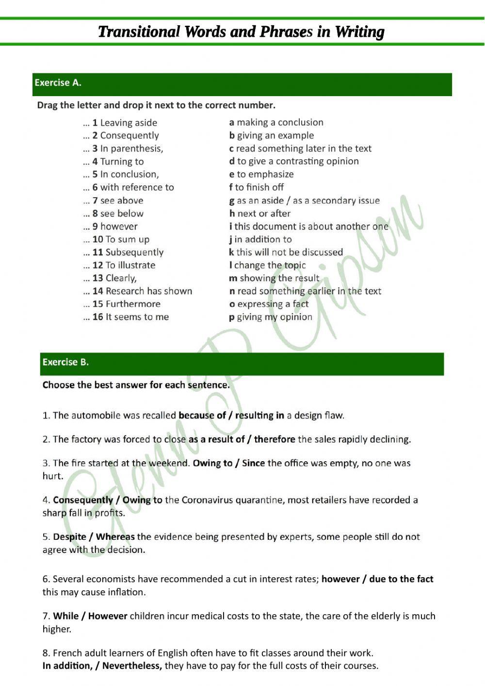 Transitional Words and Phrases in Writing