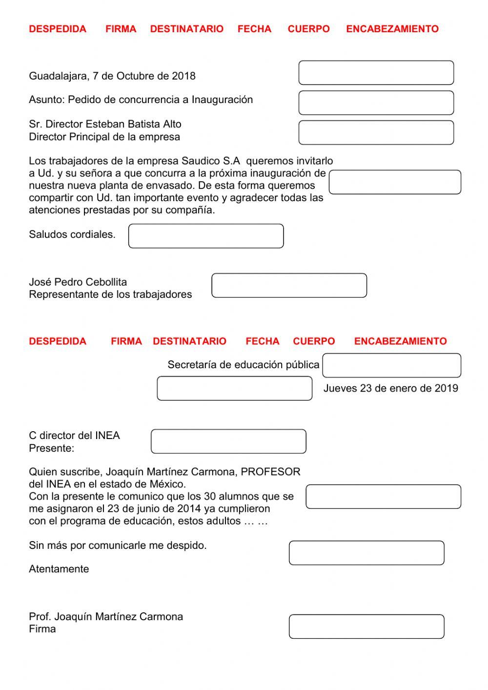 Partes de la carta