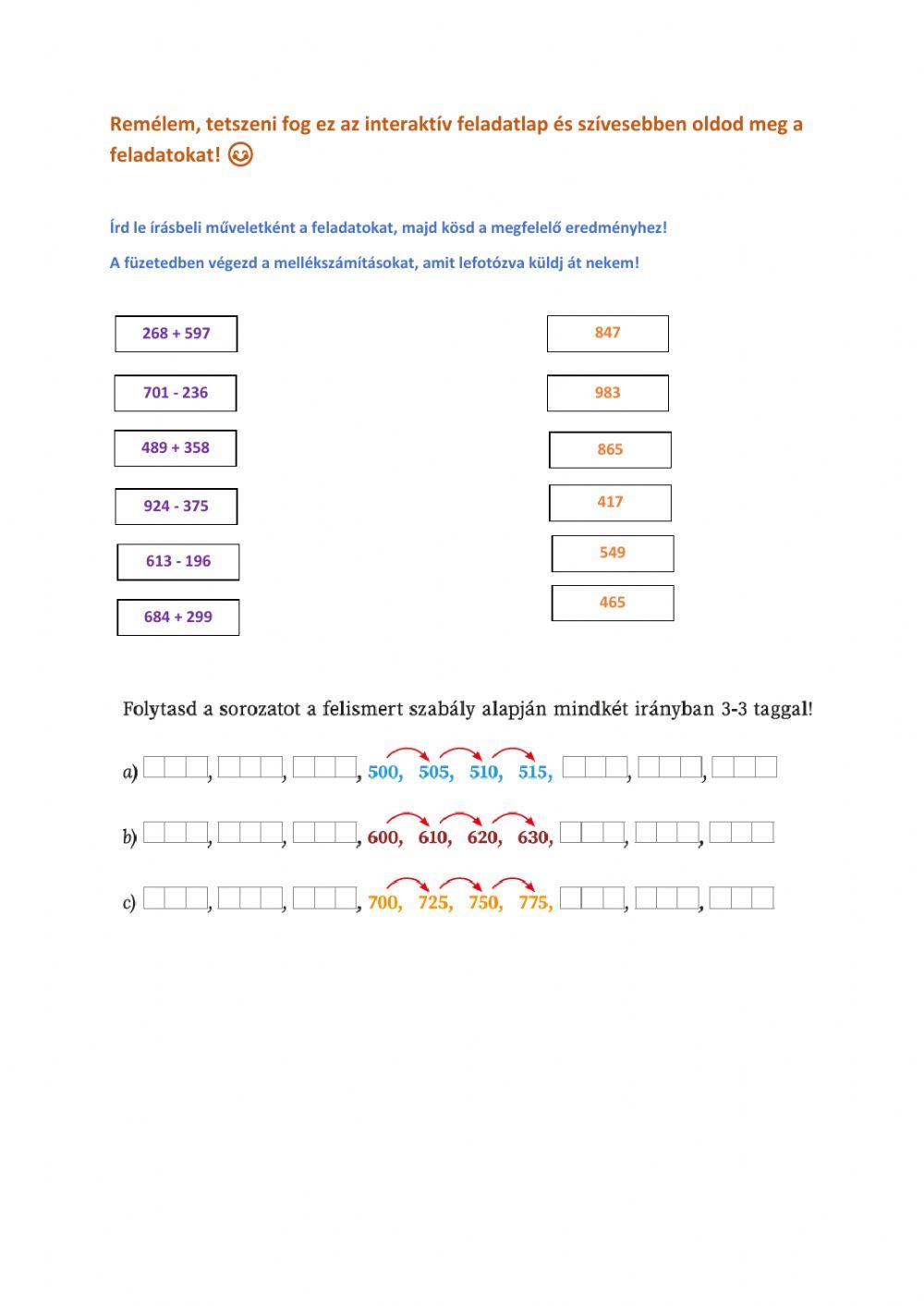 Írásbeli összeadás, kivonás,sorozat