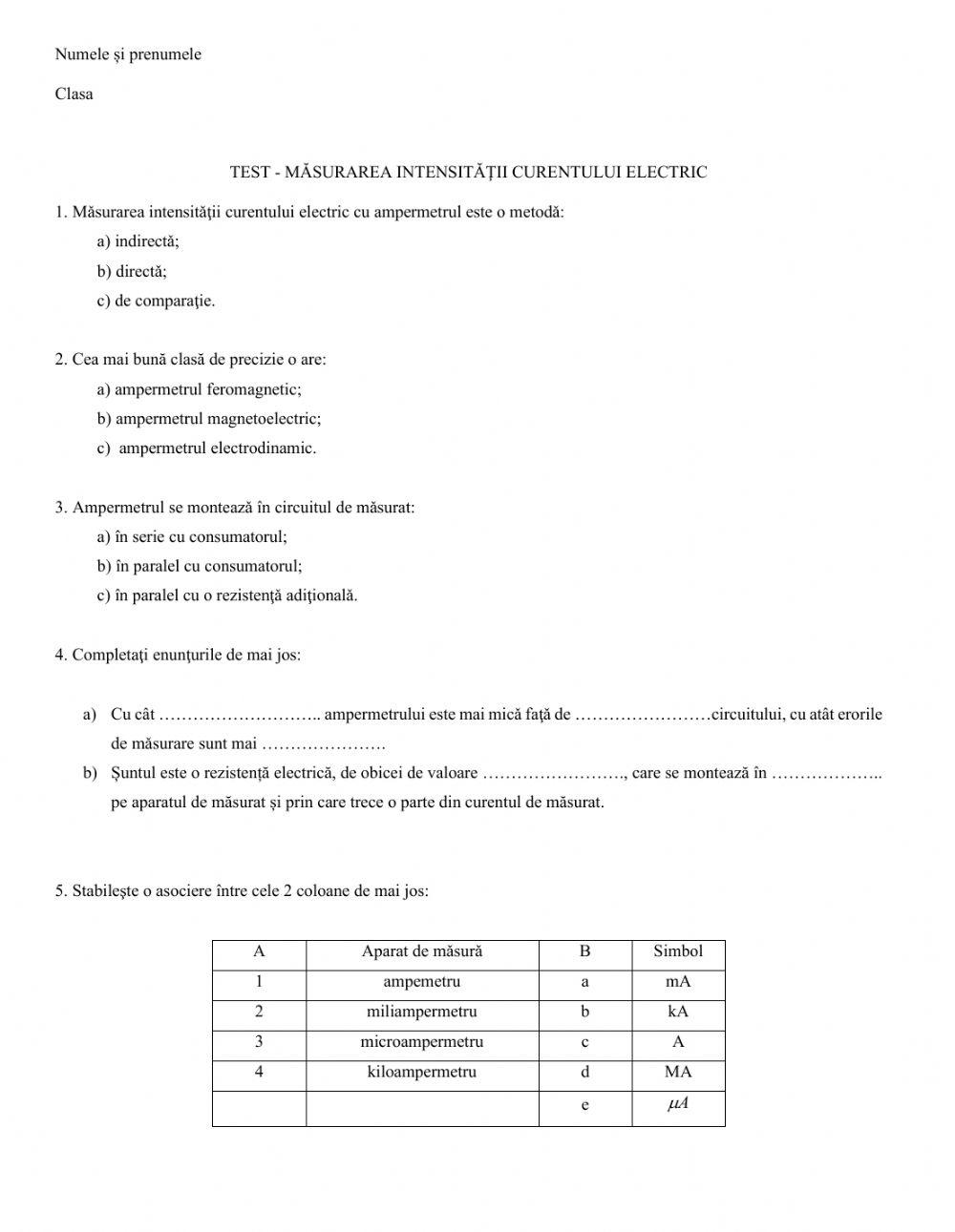 Măsurarea intensității curentului electric