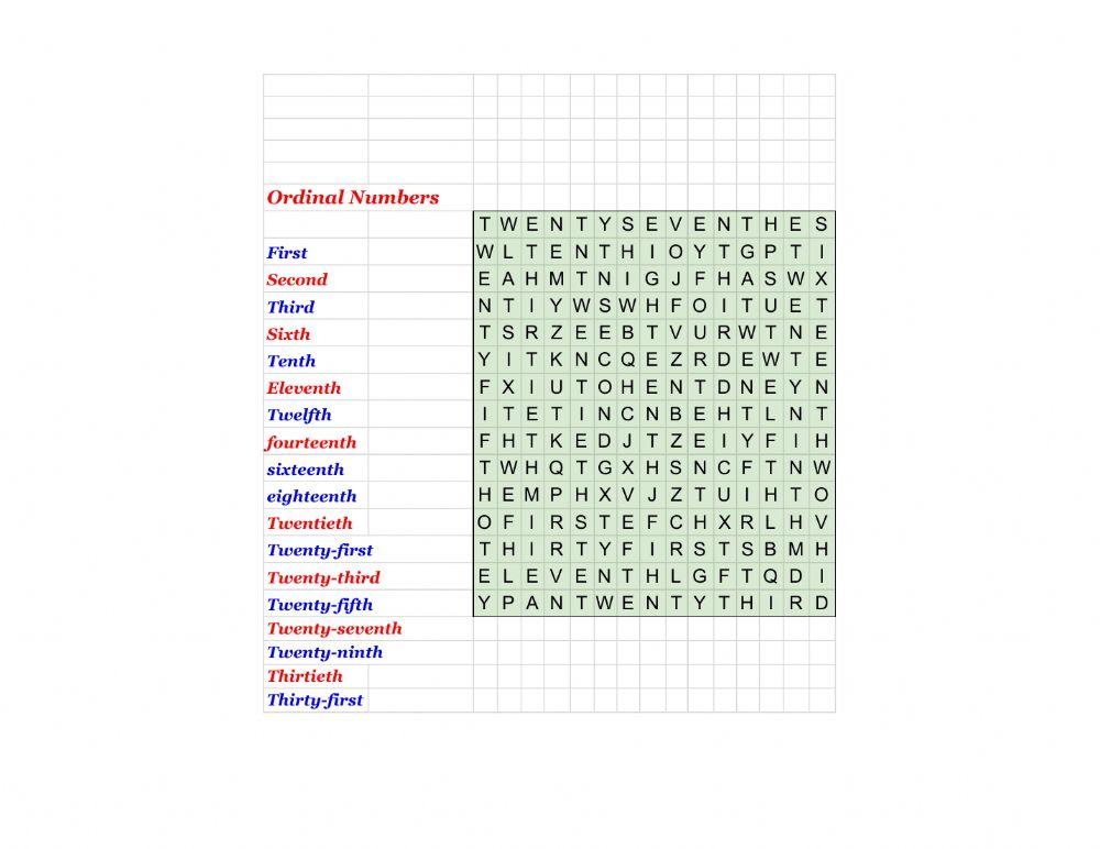 Wordsearch - GESE 3- Ordinal Numbers