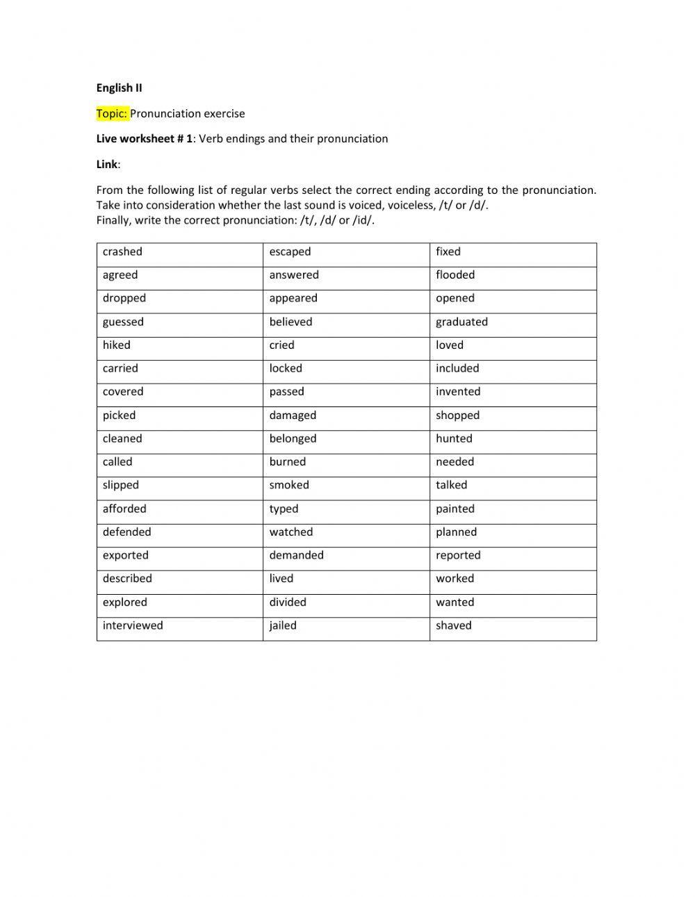 The Pronunciation of Regular Verbs in the Past Exercise Worksheet