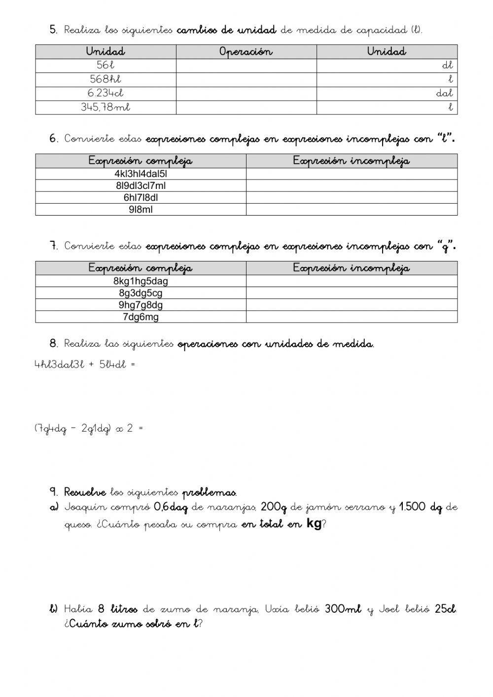 Repaso Tema 6: capacidad (l) y masa (g)