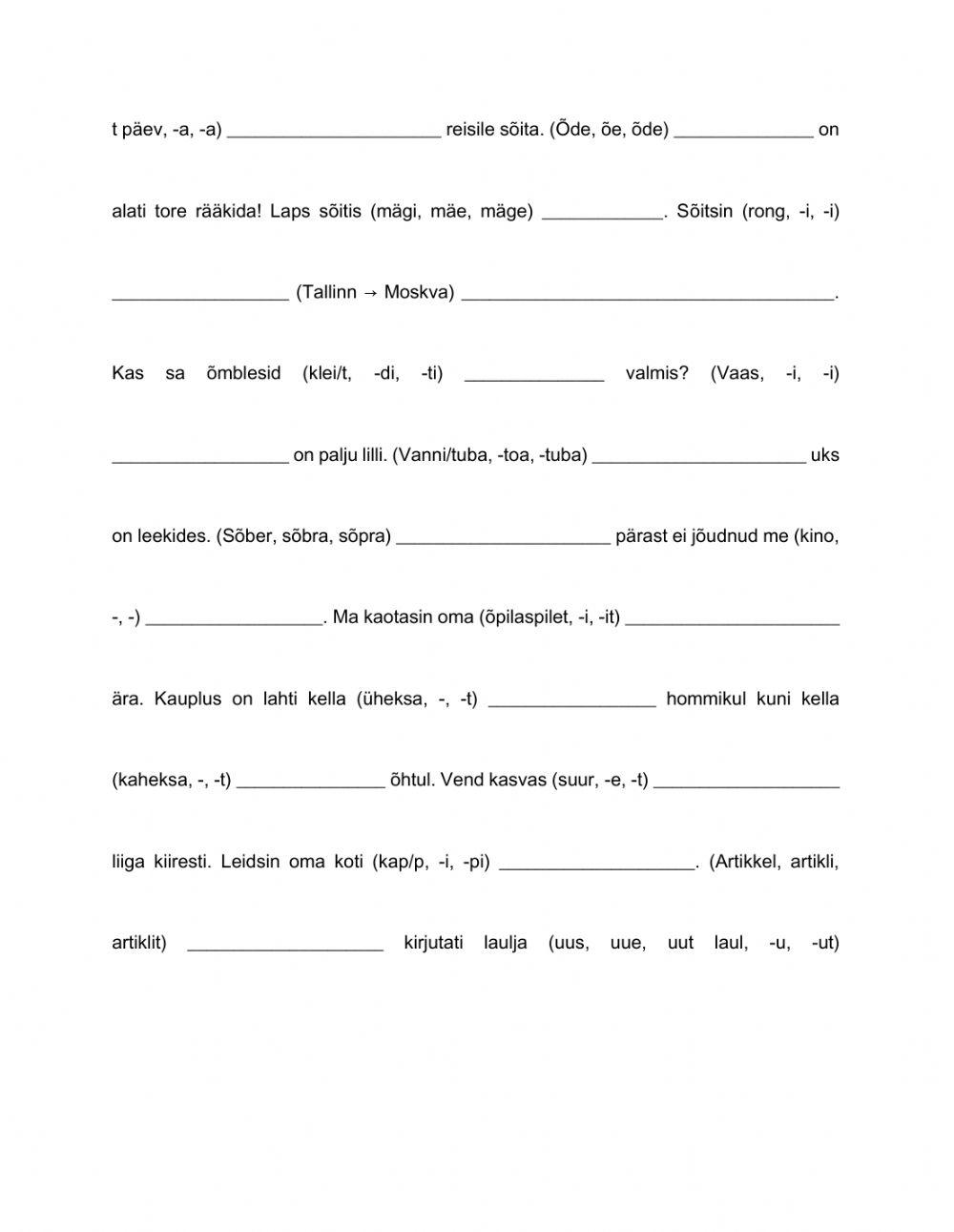 Eesti keele käänded. Infinitiivid (ülesanne 1)