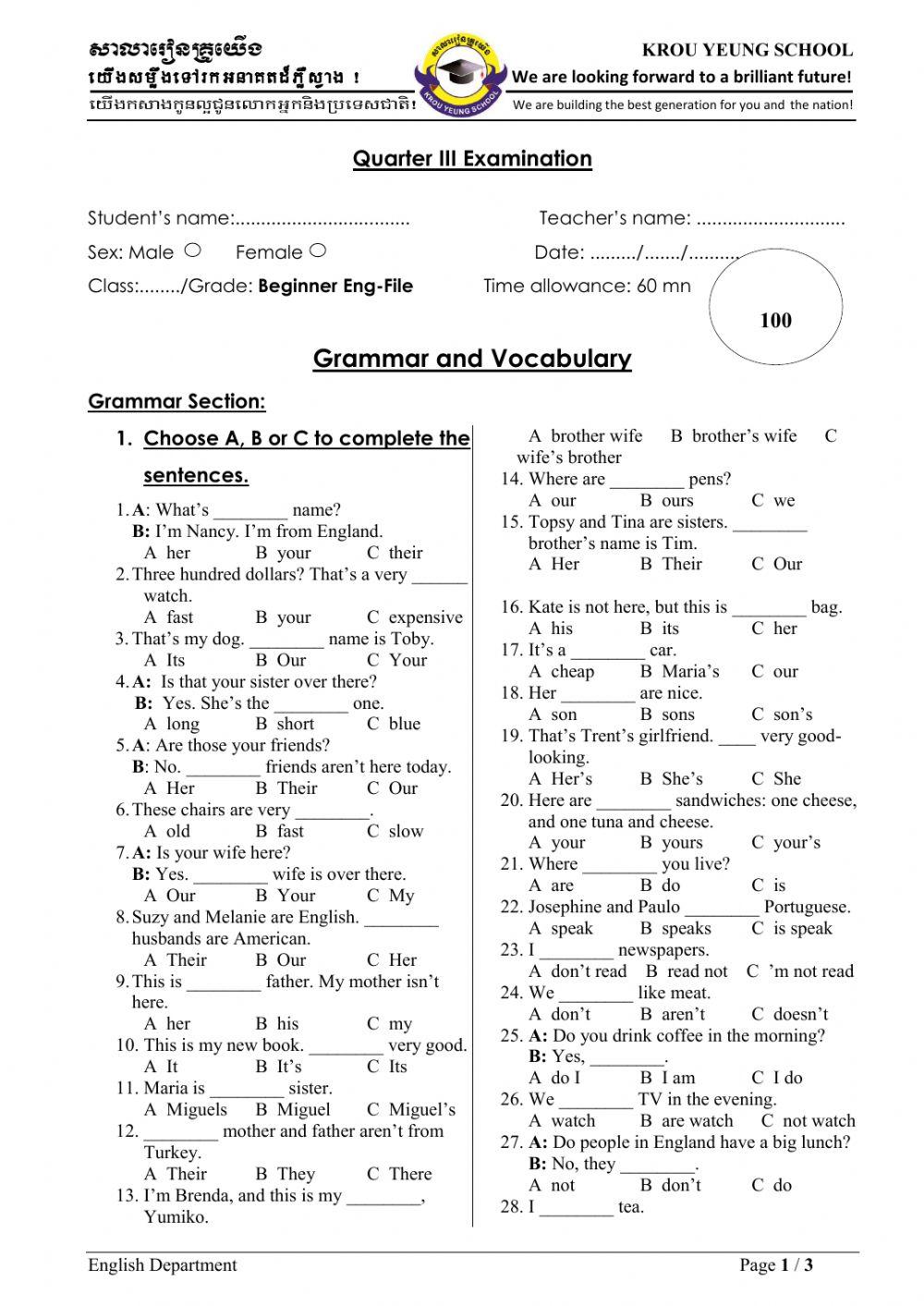 Grammar & Vocab G3EF-3rd term exams