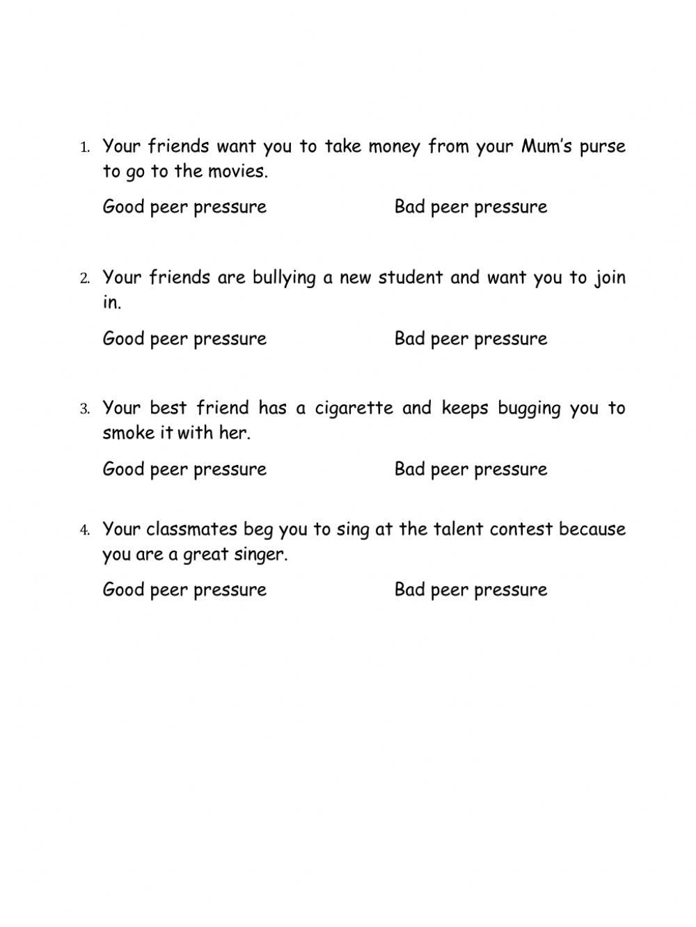Social skills peer pressure online exercise for live worksheets