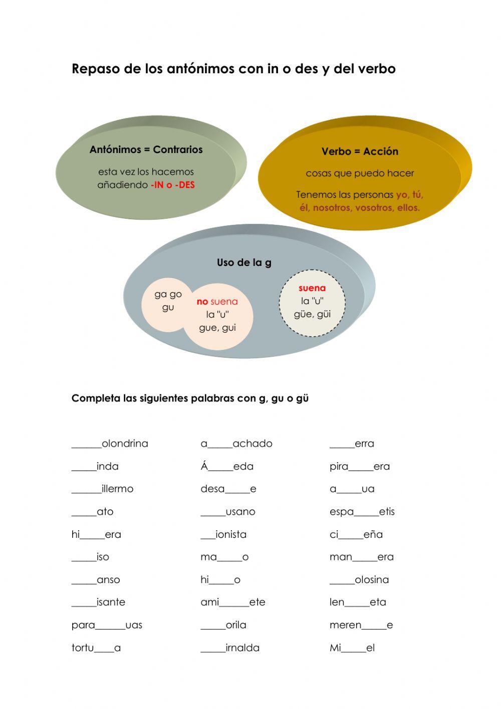 Antónimos, uso g gu gü, noticia y verbos 2º EP
