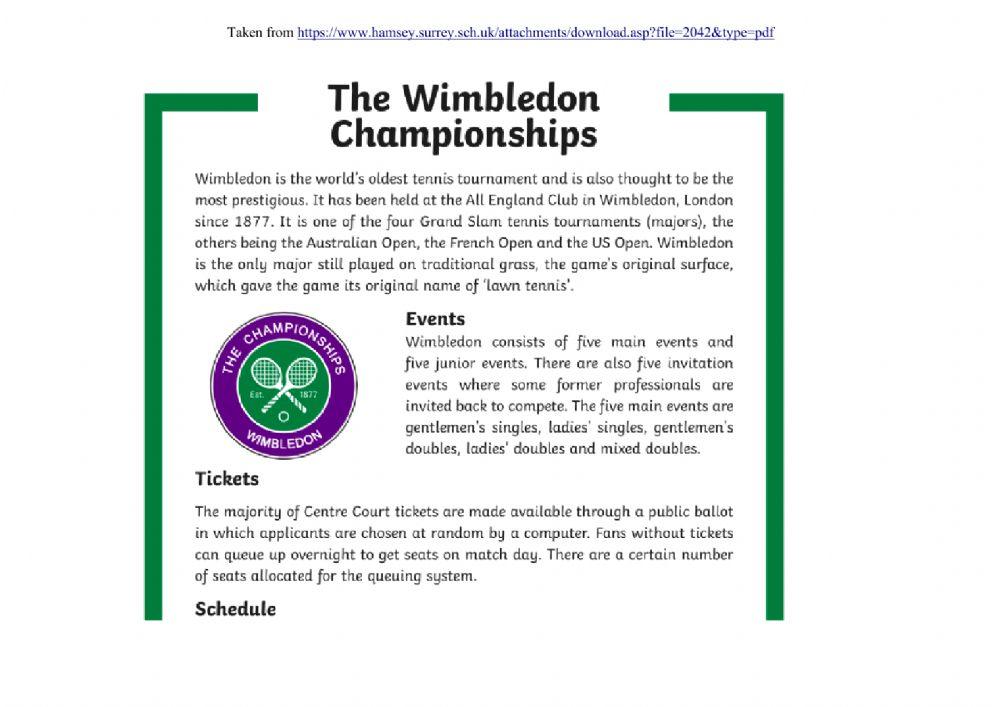 The Wimbledon Championships worksheet Live Worksheets