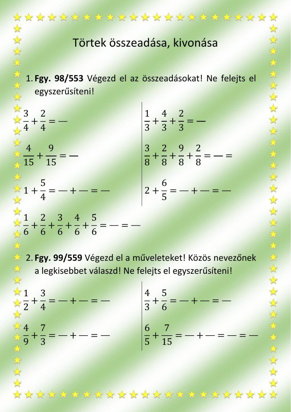 Törtek összeadása, kivonása