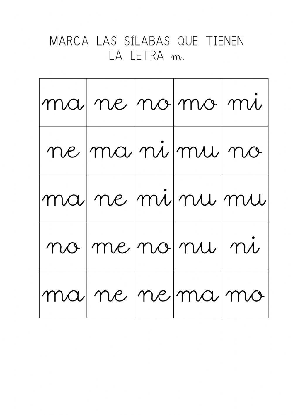 Marca las sílabas que tienen la letra m.