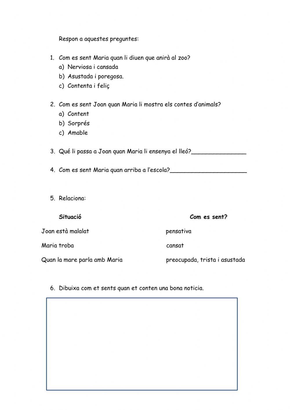 Lectura comprensiva: Maria i els sentiments