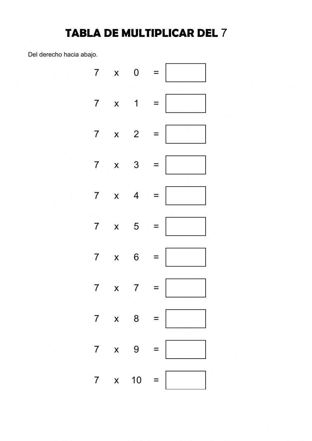 Tabla del 7 del derecho hacia abajo