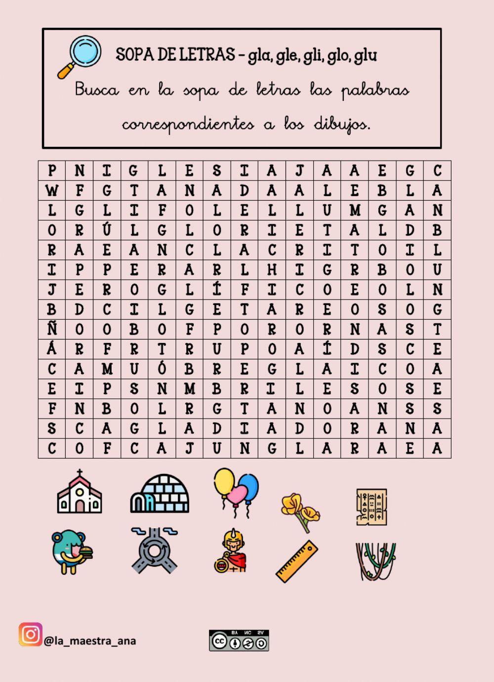 Sopa de letras gla, gle, gli, glo, glu Sopa de letras gla, gle, gli, glo, glu