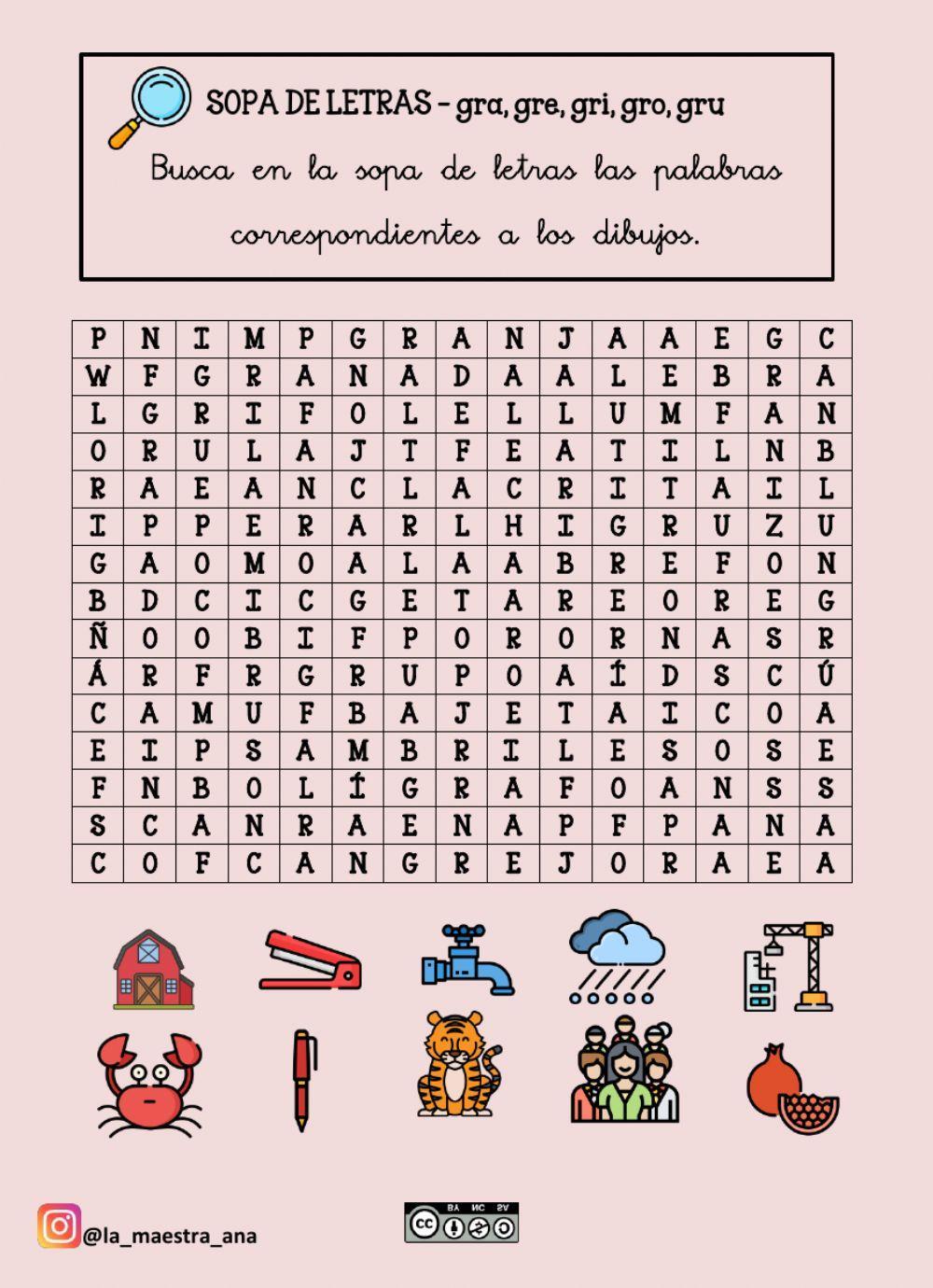 Sopa de letras gra, gre, gri, gro, gru Sopa de letras gra, gre, gri, gro, gru