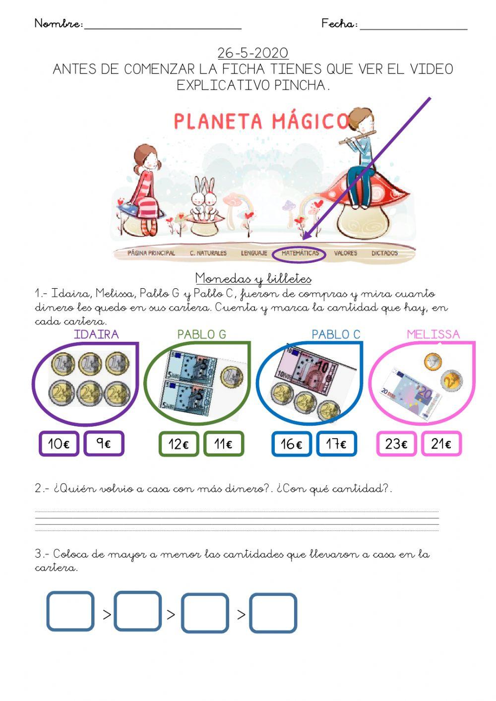 Hoja 5 monedas y billetes