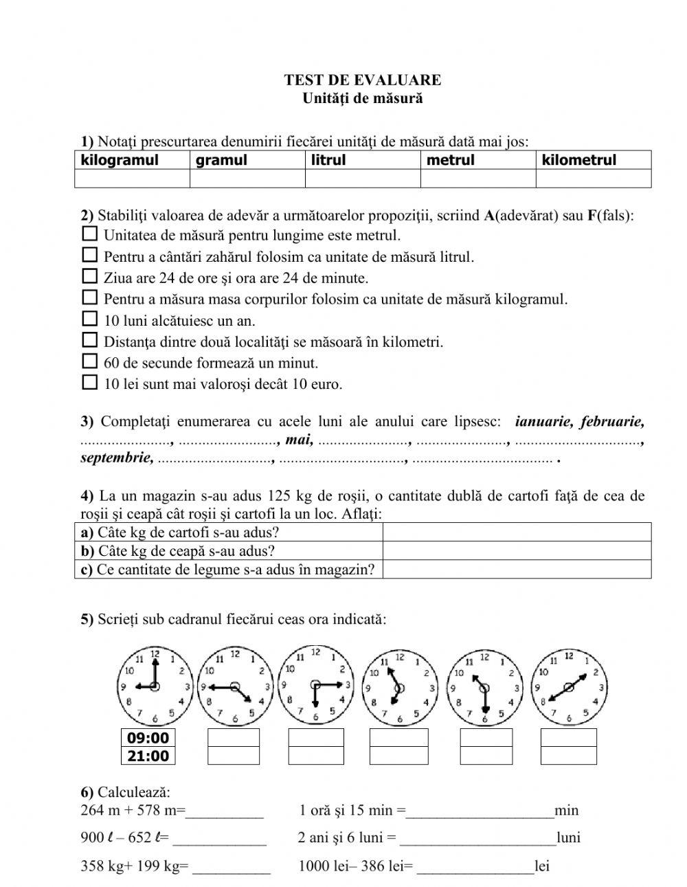 Unități de măsură-test de evaluare
