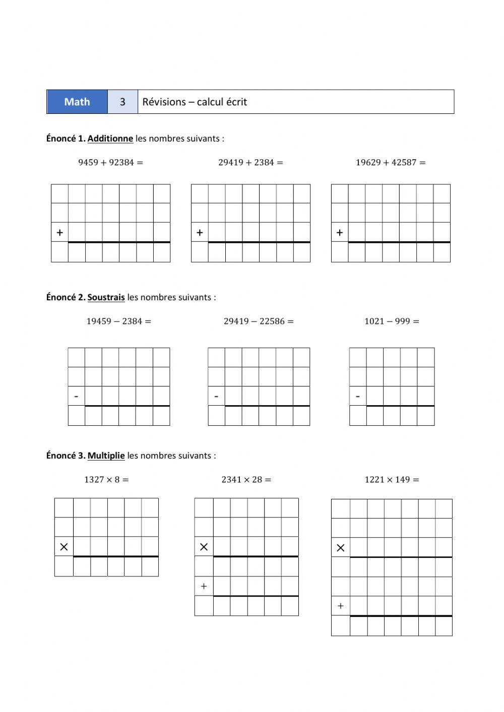 Révisions - 3 - Calculs écrits