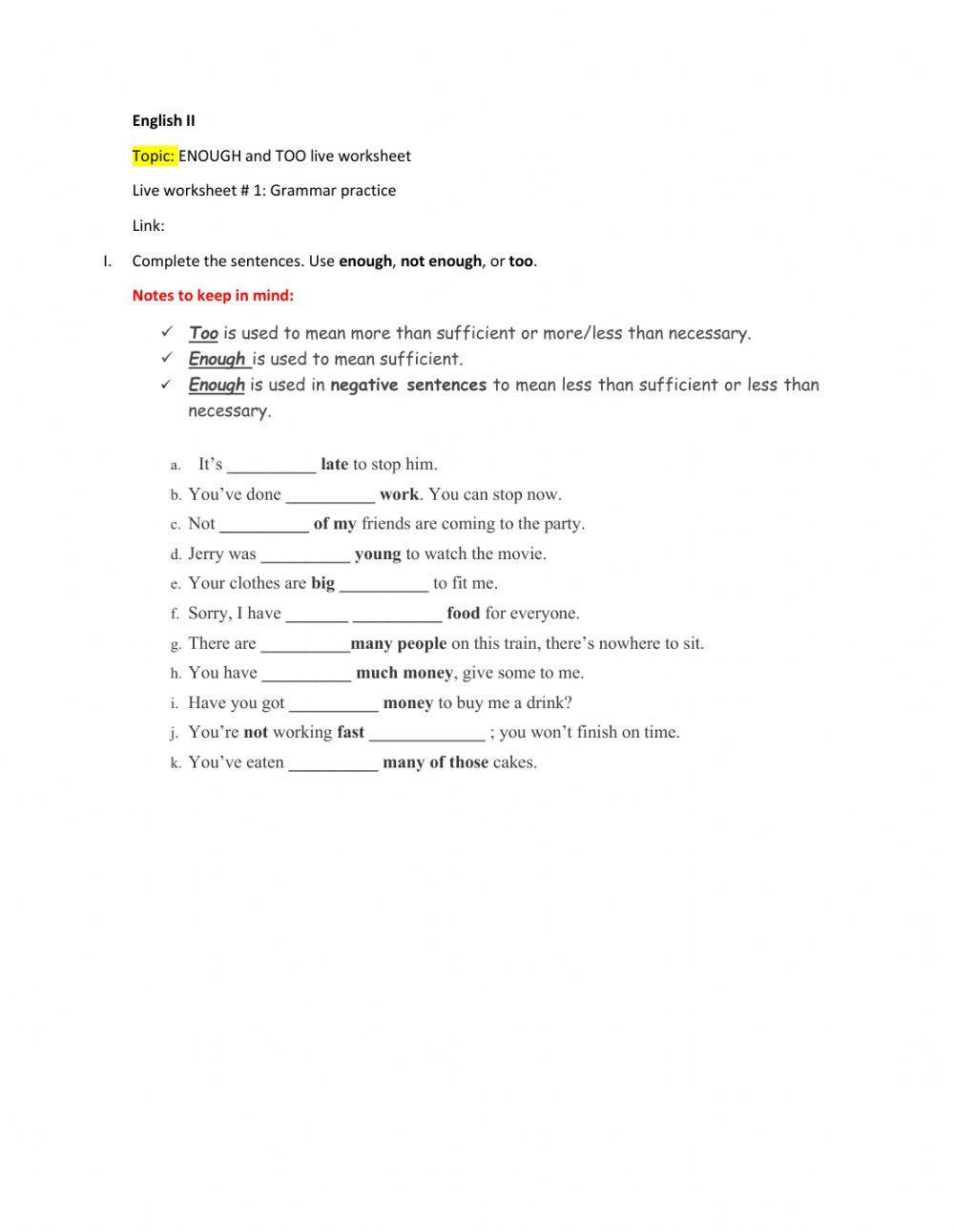 ENOUGH and TOO live worksheet